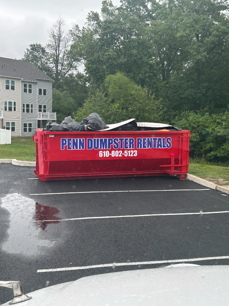 Dumpster in a commercial parking lot