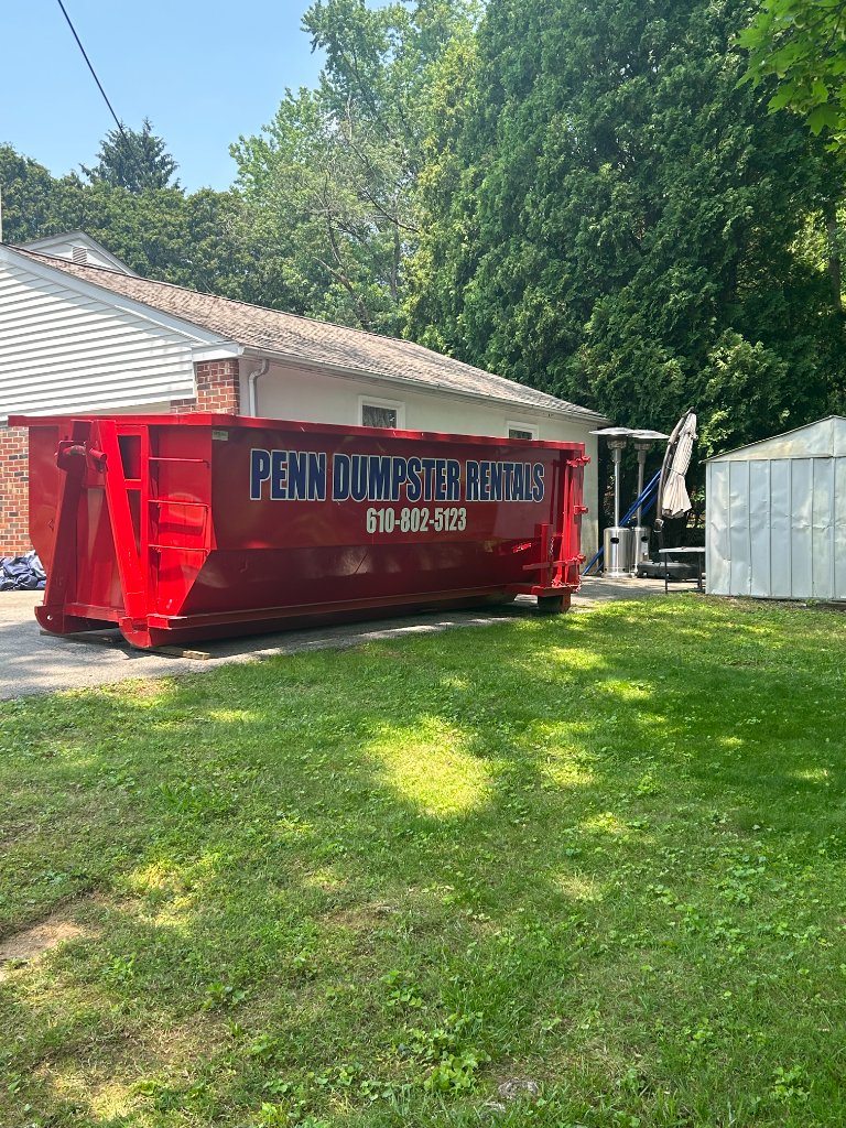 Dumpster placed in a backyard
